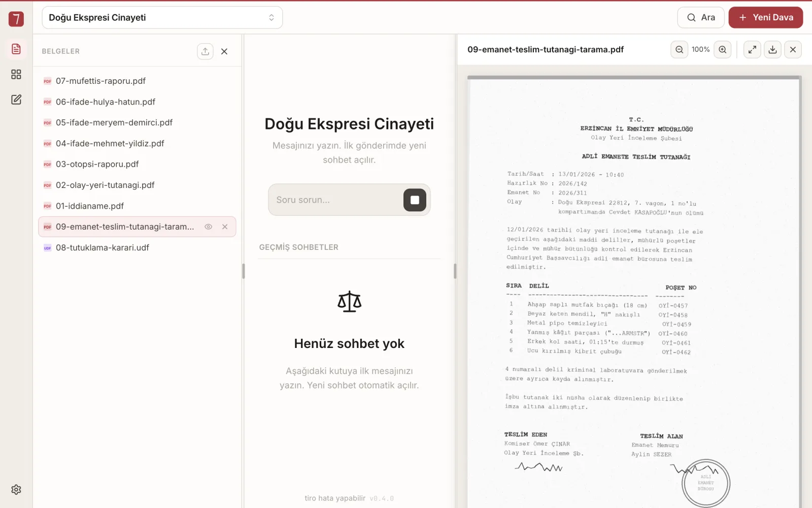 Belge listesinde PDF ve UDF dosyaları bir arada; sağda taranmış bir adli emanete teslim tutanağı önizleniyor.